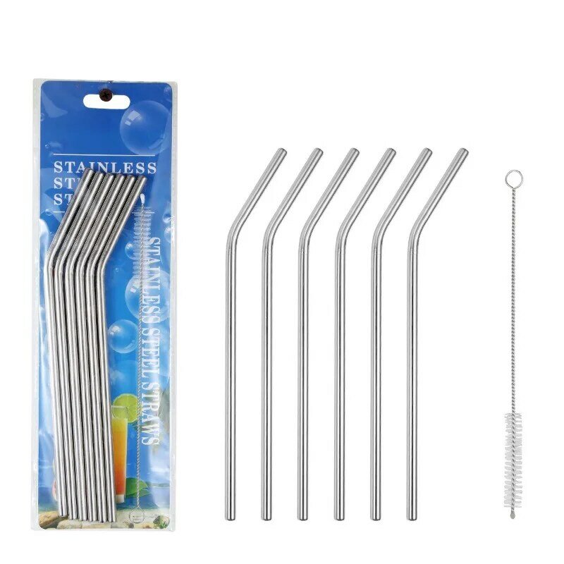 6pcs Reusable Metal Straws with Cleaner Brush 304 Stainless Steel Drinking Straw Milk Drinkware Bar Party Accessory 금속 빨대