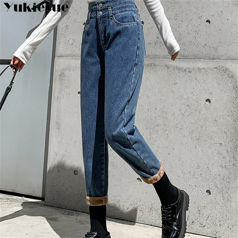 Winter new Fashion Vintage Korean stytle Womens Jeans High Waist Denim Trousers High Street Harajuku Loose leisure straight pant
