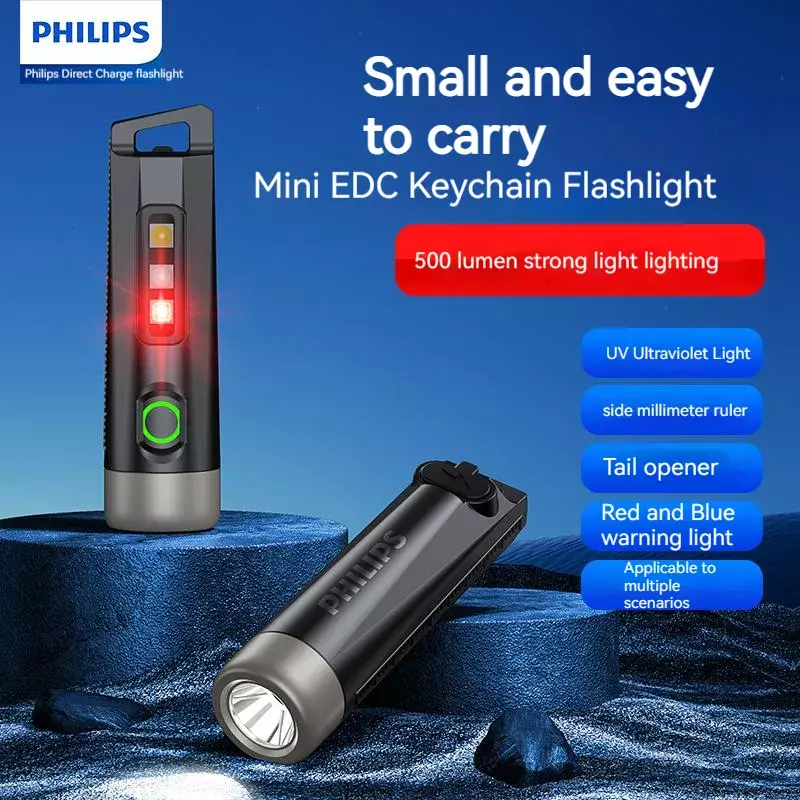 PHILIPS baru EDC senter LED Mini yang dapat diisi ulang EDC gantungan kunci senter berkemah lampu untuk mendaki pertahanan diri