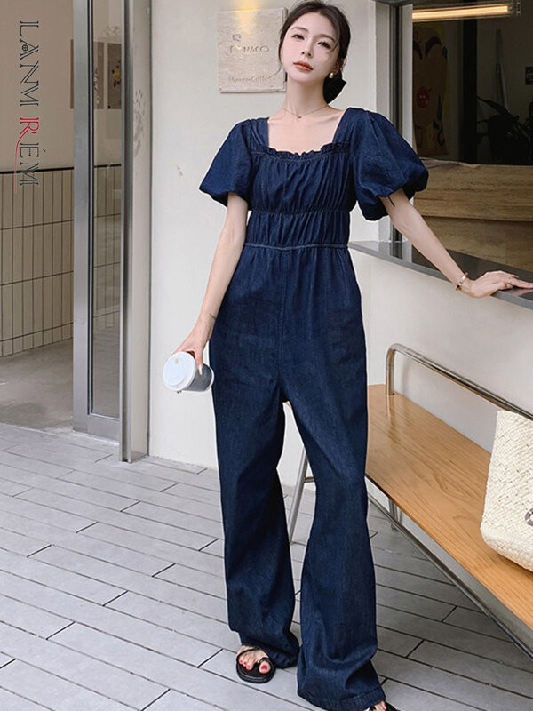 LANMREM Denim Jumpsuit For Women Square Collar Puff Sleeves Solid Color Elastic High Waist Jumpsuits Fashion Summer New 2Z1400
