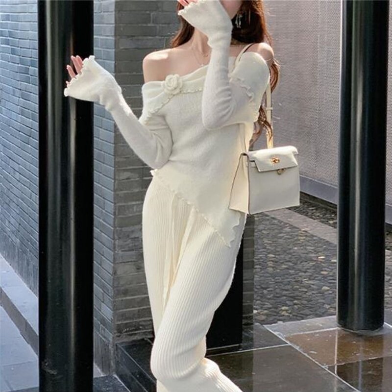 Stylish Sweater Knit Top with Flared Cuffs and Fashionable off Shoulder Look Drop Shipping