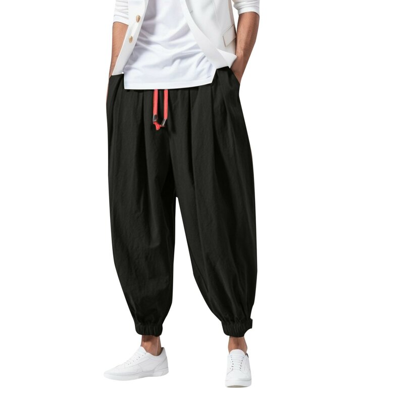 Wiosenne męskie luźne szarawary lniane spodnie dresowe z nadwagą wysokiej jakości Casual Oversize modne Casual szerokie spodnie męskie
