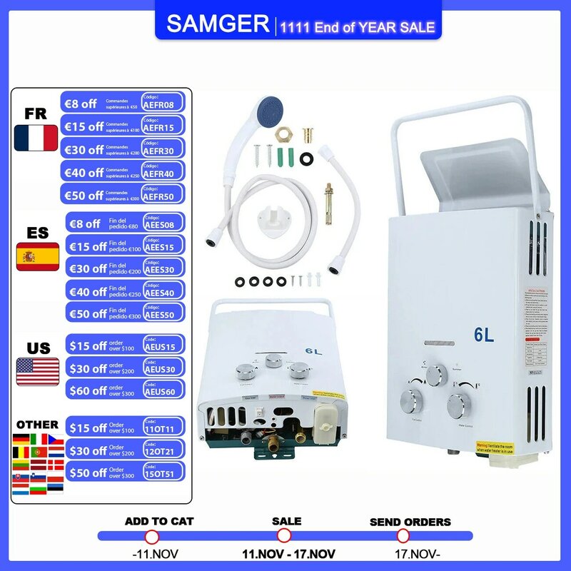 Samger-Aquecedor de água quente LPG, Propan Gás, caldeira sem tanque, acessórios para chuveiro para casa, camping, 6L, 12KW