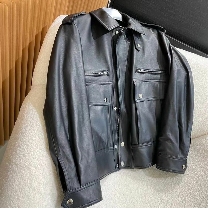 2023 Genuine Leather Jacket Autumn and Winter New Sheep Leather Work Clothes Pocket Zipper Casual Loose Long Sleeved Jacket Jack