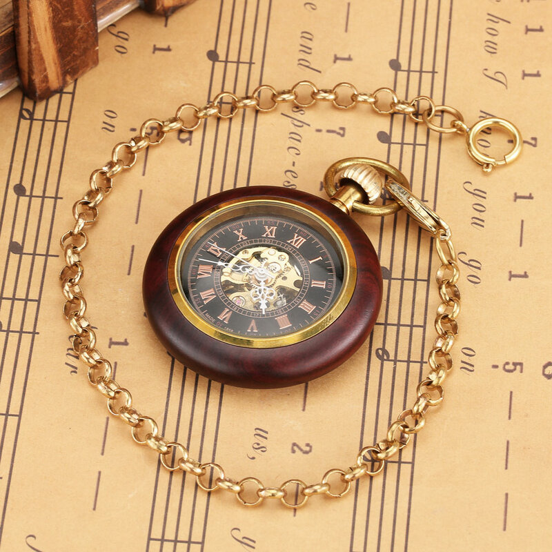 Czerwony drewniany metalowy zegarek automatyczny zegar kieszonkowy z różowymi cyframi złoty rzymski tarcza typu otwarta twarz wisiorek prezent