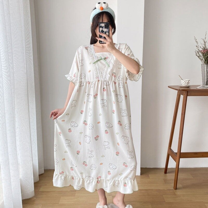 Sleepshirts Women Summer Sweet Girls Lovely Students Floral Lace Patchwork Ruffles Bow Designed Korean Style Loose Thin Cozy