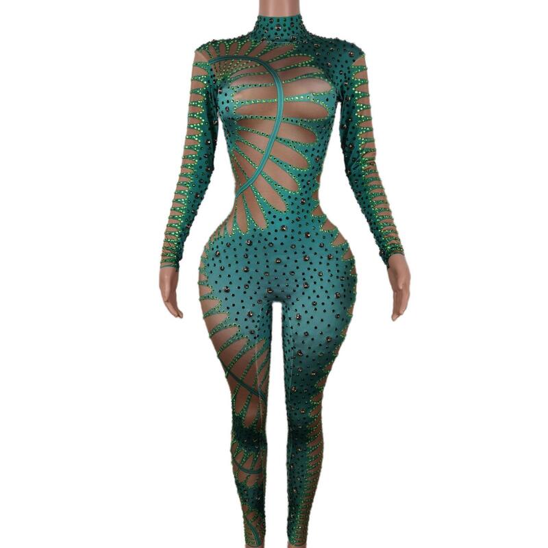 Green Grass Rhinestone Jumpsuit Woman Night Club Party Stretch Stage Wear Celebrate Bodysuit Performance Costume Lvyecao