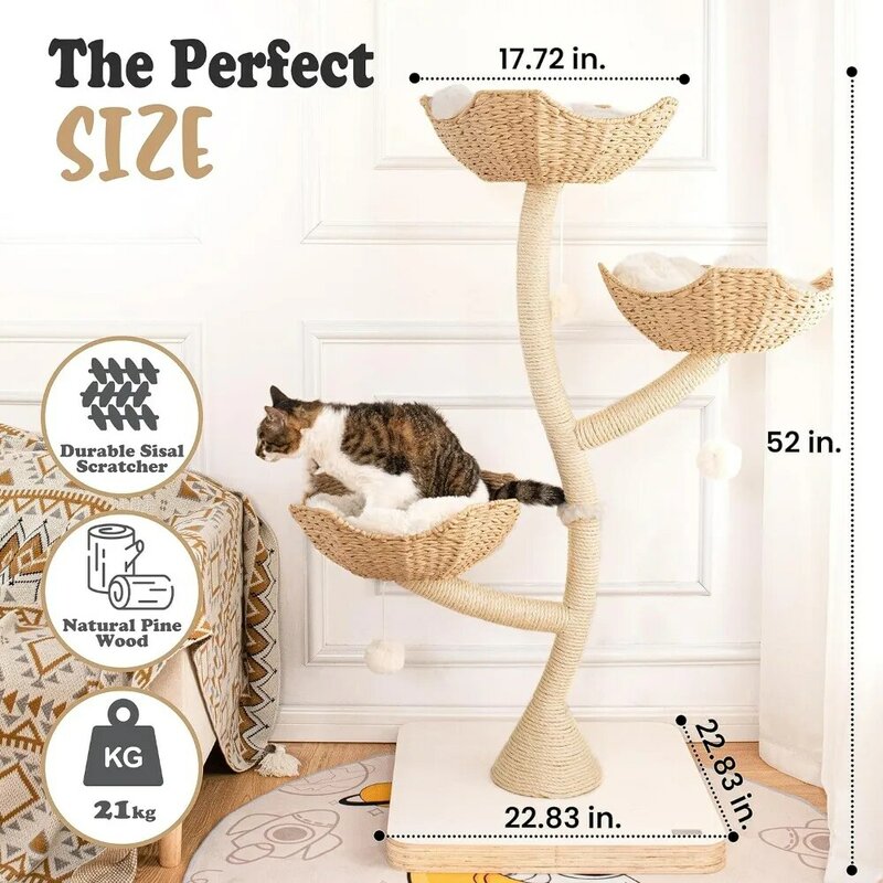 Árbol moderno para gatos, 52 "de altura, condominio de madera maciza con 3 cestas, poste para rascar, cojines extraíbles y lavables adecuados