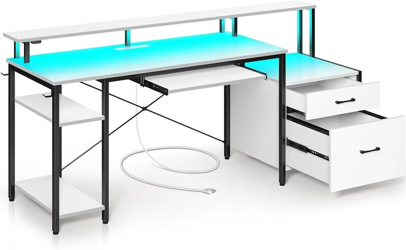 Rolanstar-escritorio para ordenador de 65 "con cajón de archivos, escritorio para juegos con luz LED y tomas de corriente, escritorio para oficina en casa con archivador