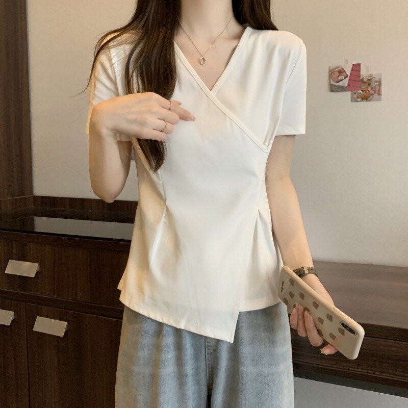 Elegancki szykowny dekolt w serek nieregularny letni nowy styl prostota jednolity top na wszystkie mecze Office Lady z krótkim rękawem odzież damska T-shirt