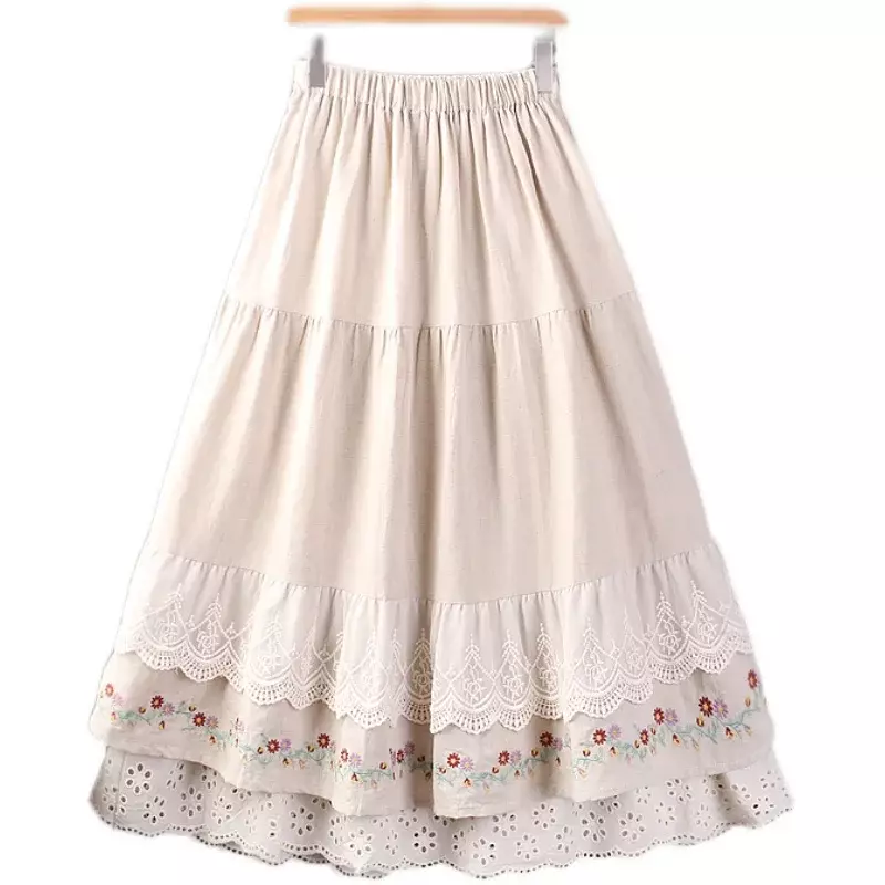 Feminina japonesa Mori menina doce renda bordado floral saia de linho de algodão, elástico na cintura, linho A, solto, retrô, primavera, verão