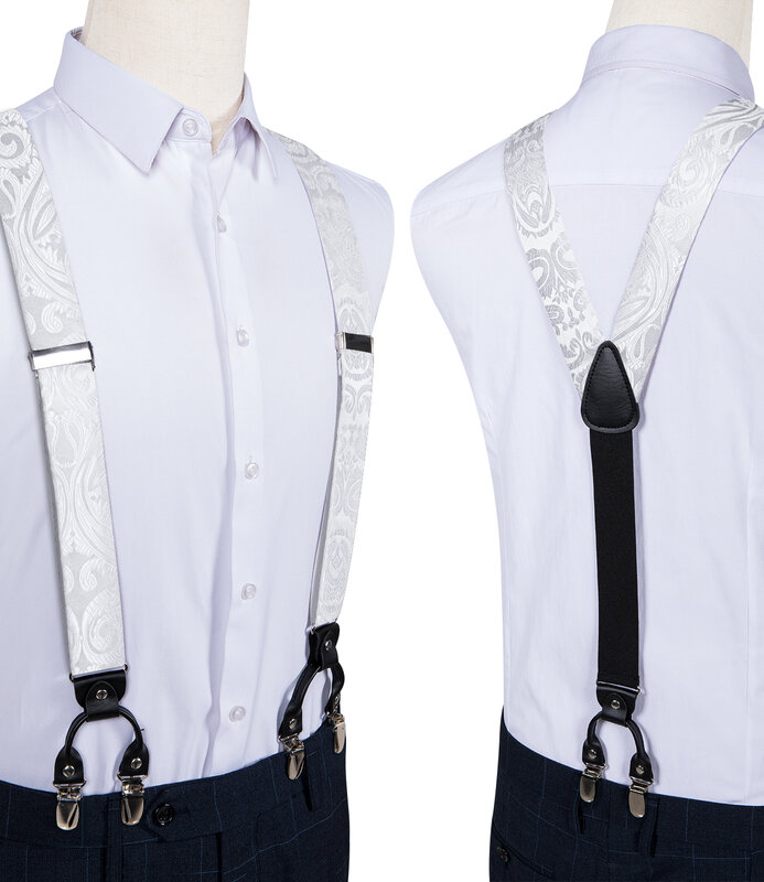 Luxury White Silk Men's Suspenders Adjustable 6 Clips Braces DiBanGu Leather Metal Pre-Tied Bow Tie Brooch Pocket Square Set