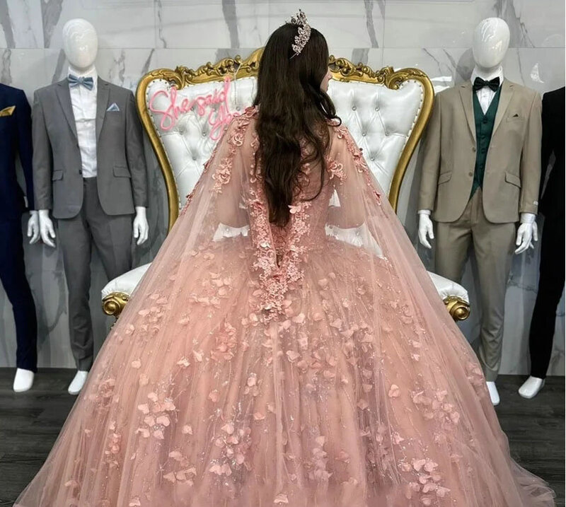 Розовое золото, платье принцессы, бальное платье, милое блестящее платье с цветочным принтом, 16 платьев, 15 лет, мексиканский стиль