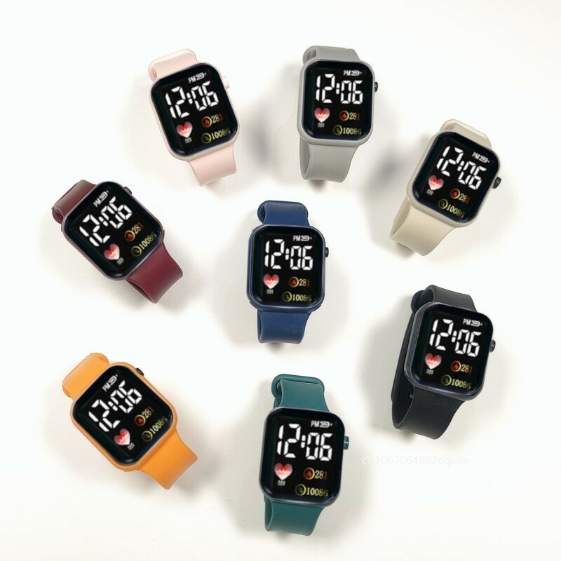นาฬิกาอิเล็กทรอนิกส์สำหรับนักเรียนกีฬากลางแจ้งกันน้ำสี่เหลี่ยมสีรุ้งนาฬิกาข้อมือ LED อิเล็กทรอนิกส์ใหม่