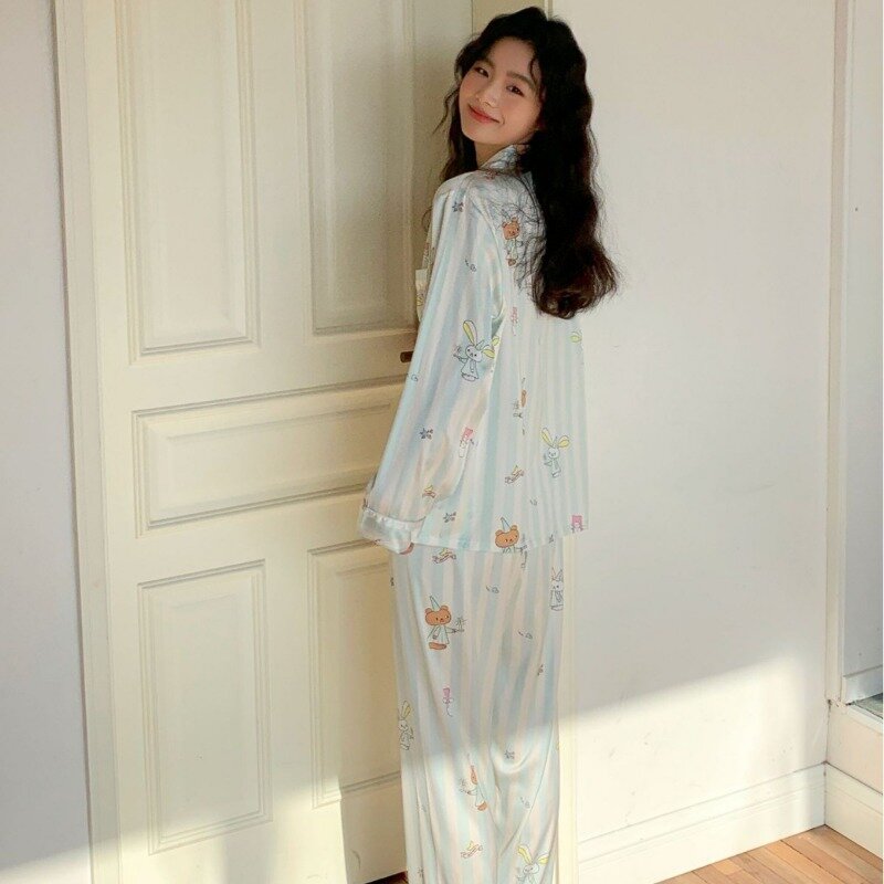 Blue striped pajamas cartoon ins for age reduction, simple and comfortable ice silk women's home clothing, imitation silk