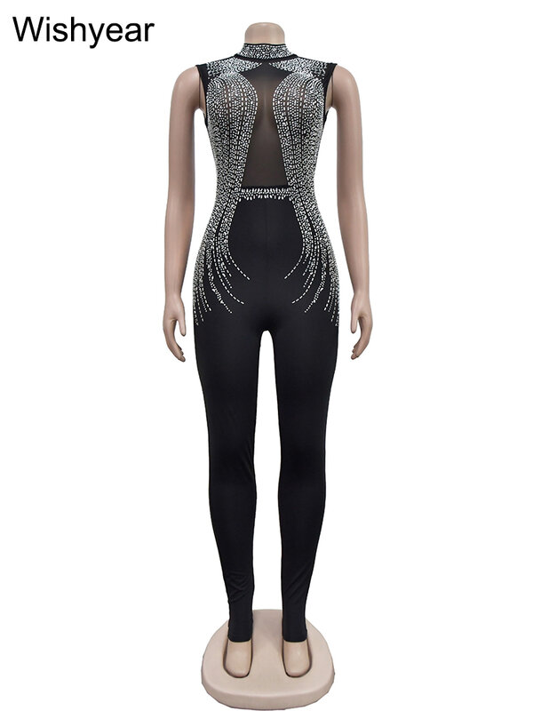 Wishyear Sexy One Piece Suit Club outfit donna See Through Mesh Diamonds strass Skinny senza maniche compleanno Night tuta