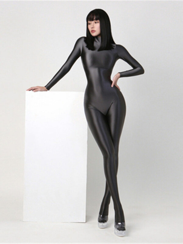 Women Oily Glossy Long Sleeve Elastic Bodysuit Bodycon Rompers One-piece Swimsuit Silky Tights Satin Pantyhose Jumpsuits Thong
