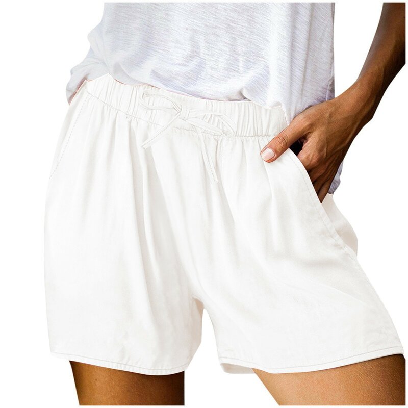Damen Shorts Frühling und Sommer lässig feste Farbe Baumwolle Leinen Shorts lose elastische Taille Kordel zug vielseitige Taschen shorts