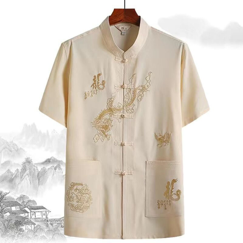 Kemeja pria, baju garmen atasan bordir naga Kung Fu kerah Mandarin pakaian Tang tradisional