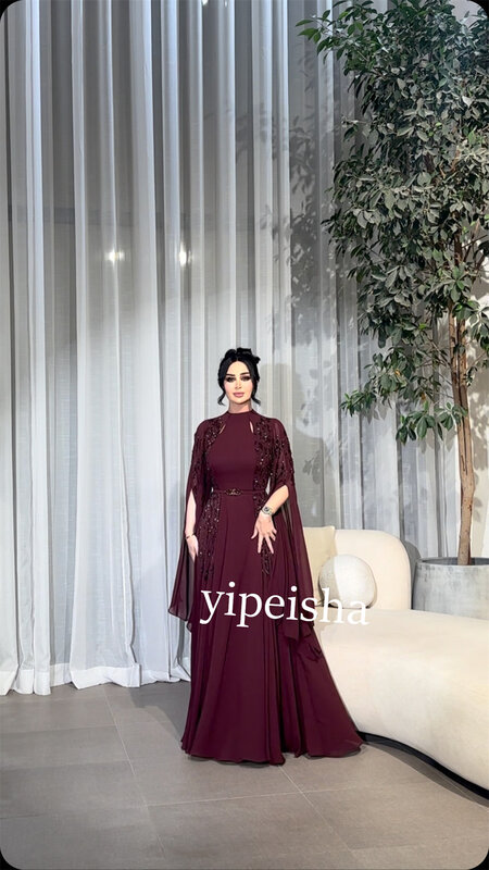 Jersey Beading Draped Christmas A-line High Collar Bespoke Occasion Gown Long Dresses