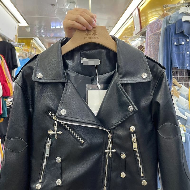 Женская короткая мотоциклетная куртка, кожаная куртка в стиле панк, весна-осень 2024