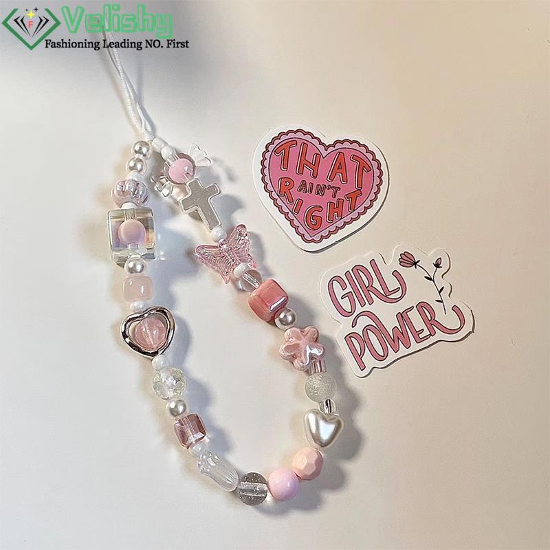 Charm tali gantungan ponsel pita hati Resin, multiwarna untuk wanita anak perempuan Telepon perhiasan tali Lanyard manik-manik