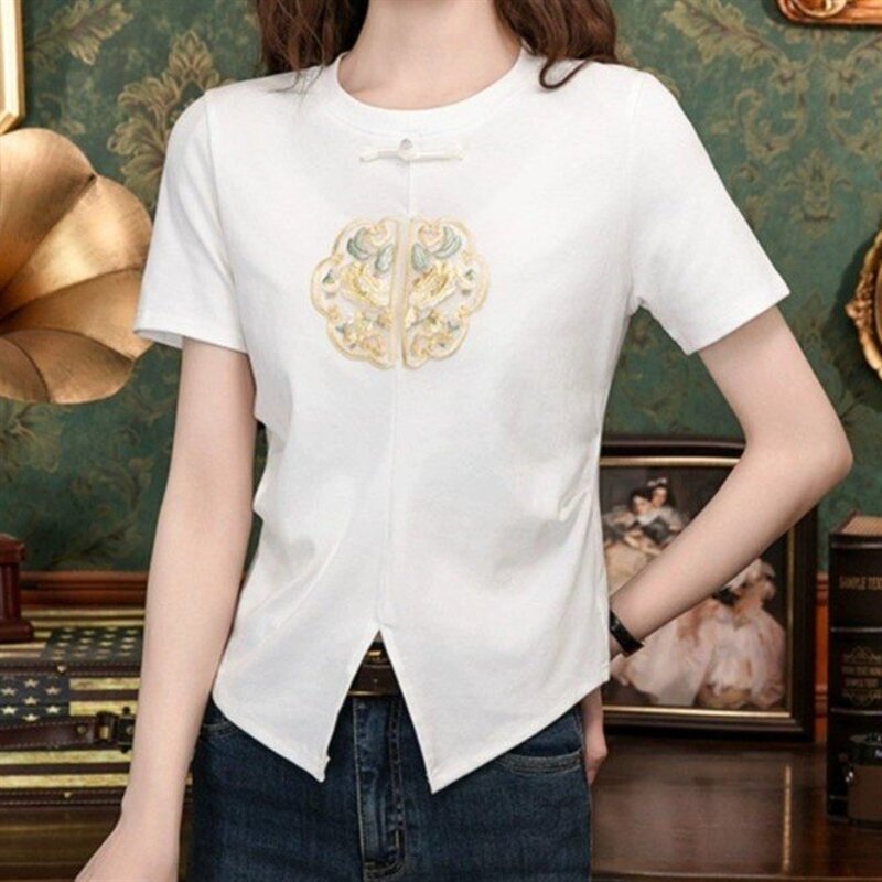 New Summer Elegant Fashion Retro Knitting Chinese Style Women's Clothes Office Lady Embroidery Print V Neck Short Sleeve