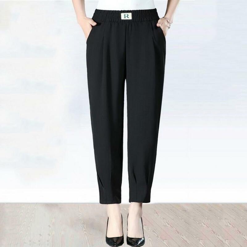 Pantalones bombachos elásticos de cintura alta para mujer, pantalón largo informal con bolsillos laterales, Color sólido, ropa de calle de verano