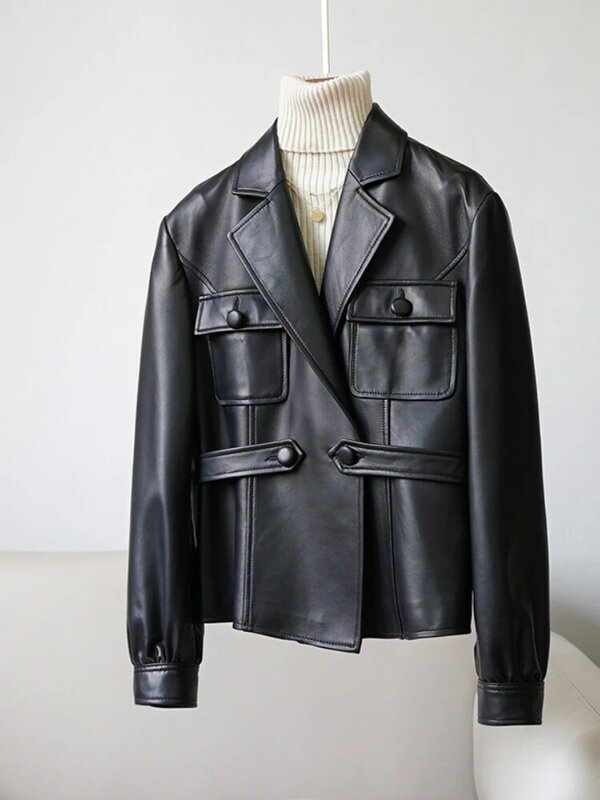 MENINA BONITA 여성용 진짜 가죽 재킷, 진짜 양가죽 코트, 벨트 버튼 아우터, 봄 가을 패션, 2023 신상