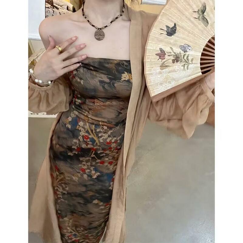 Zomer Nieuwe Chinese Stijl Elegante Retro Lange Mouwloze Vintage Bloemenprint Jurk Tweedelige Chinese Dagelijkse Verbeterde Hanfu Set