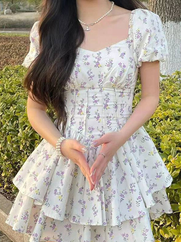 Gaun Pinggang Tinggi Wanita Musim Panas Bunga Kerah Persegi Manis Lengan Puff Korset Putri Elegan Gaya Korea Preppy Chic
