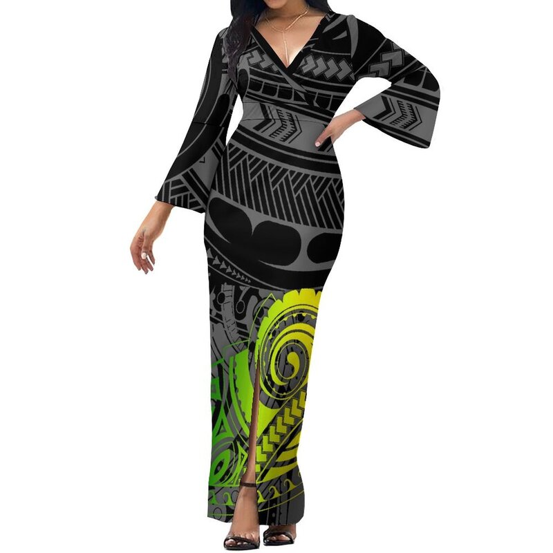 فستان مأدبة بأكمام واسعة ورقبة على شكل حرف V للنساء ، مجموعة ضيقة ، فستان منقسم على شكل ورك ، تنورة طويلة أنيقة ، قبيلة ساموان
