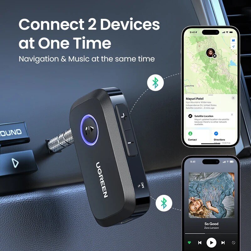 UGREEN-Adaptador de receptor de coche con Bluetooth 3,5, conector auxiliar de 5,3mm para altavoces de coche, receptor de música y Audio, manos libres