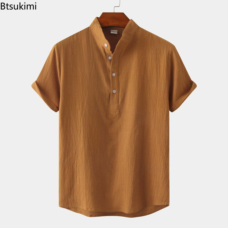 Męskie letnie trwała bawełna koszula lniana modna stójka wygodne proste bluzy luźne koszulka z krótkim rękawkiem bluzka plażowa dla mężczyzny