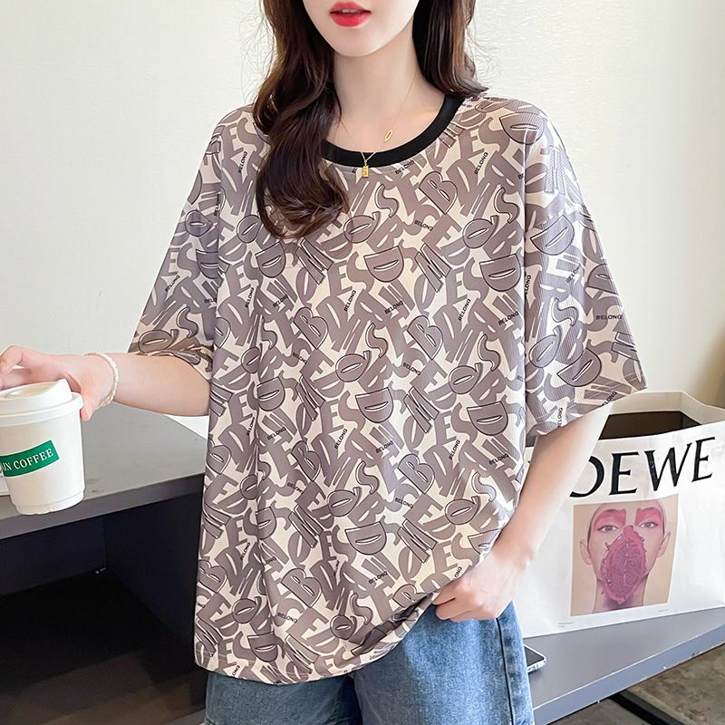 Women's Clothing Loose Short Sleeve T-shirt Stylish Printed Summer New Korean Round Neck Spliced All-match Young Style Pullovers