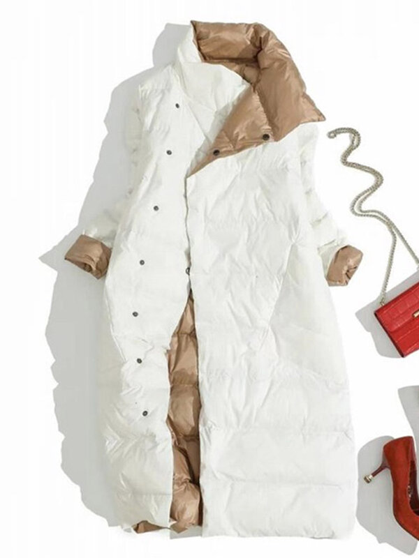 Fitaylor Women dwustronna puchowa, długa kurtka zimowa z golfem biały płaszcz z kaczego puchu podwójne piersi parki ciepła śnieżna odzież wierzchnia