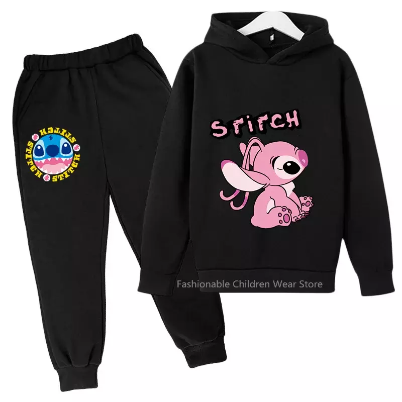 Conjunto de Sudadera con capucha y pantalones con estampado de dibujos animados de Stitch de Disney para niños, atuendo elegante y cómodo para niños, diversión al aire libre
