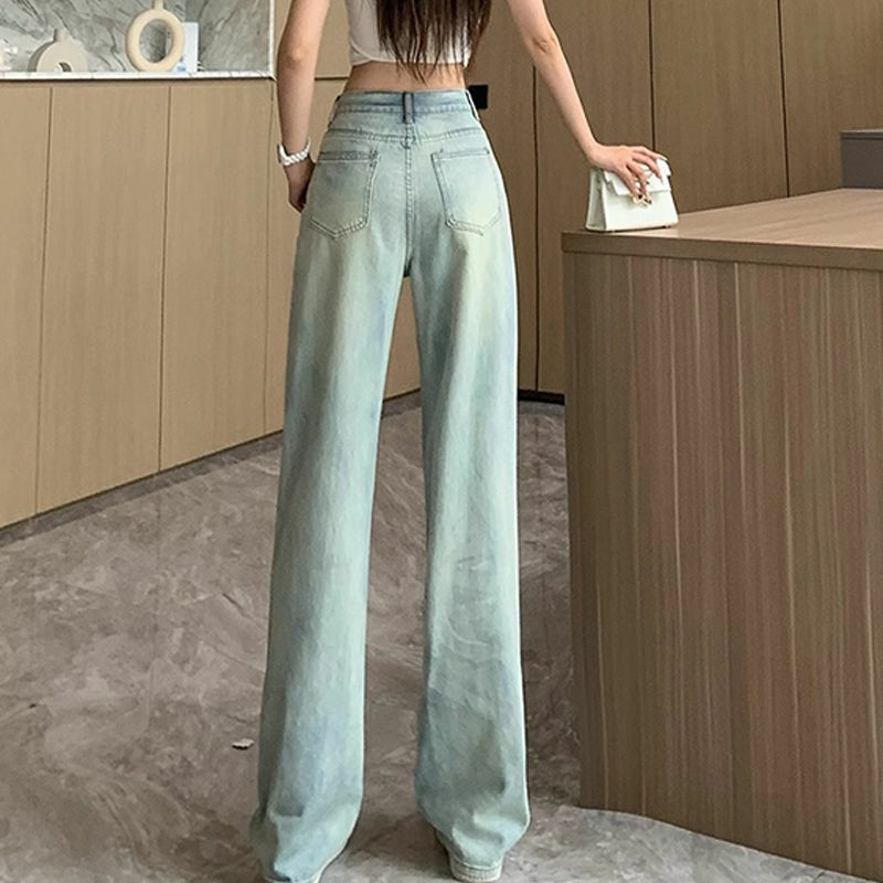 Pantalones vaqueros de pierna ancha para mujer, pantalón ajustado de cintura alta, bordado de estilo nacional, novedad de primavera, 2024