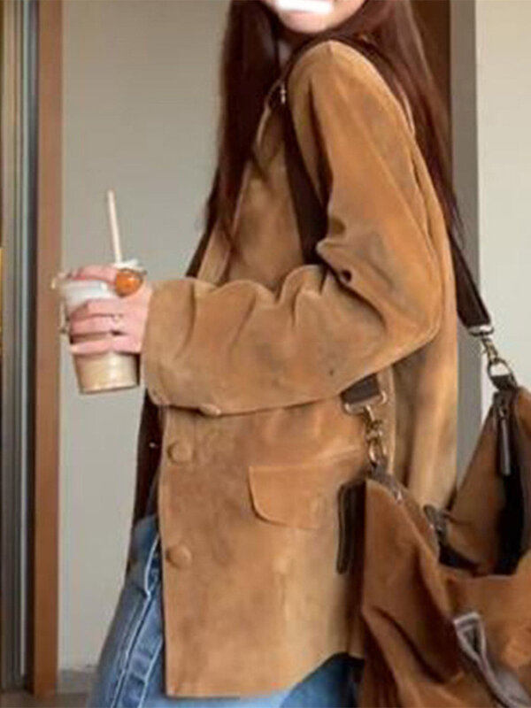 Женский офисный Блейзер, модная коричневая однобортная замшевая куртка с длинным рукавом и отложным воротником, верхняя одежда, осень 2023