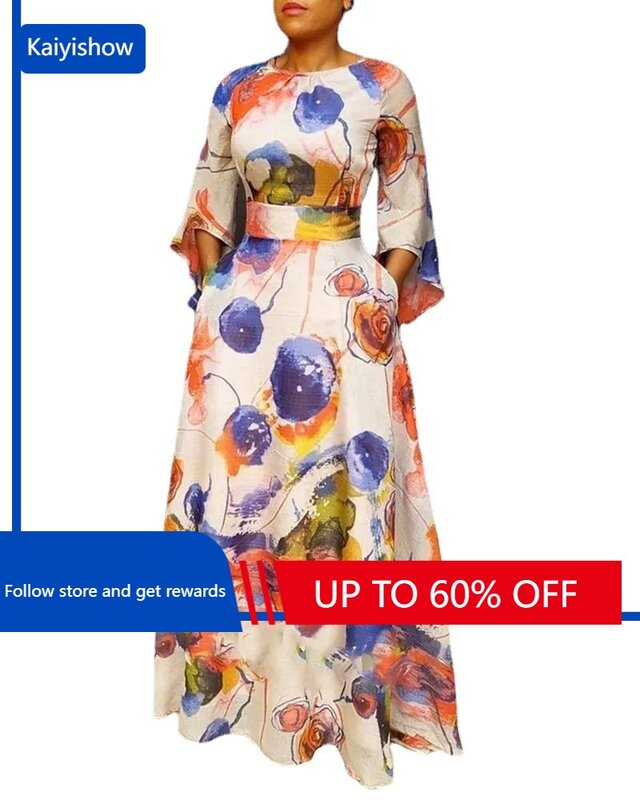 Gaun Afrika musim gugur elegan untuk wanita 2023 gaun panjang gambar cetak poliester leher-o Lengan Panjang Afrika pakaian Afrika Dashiki