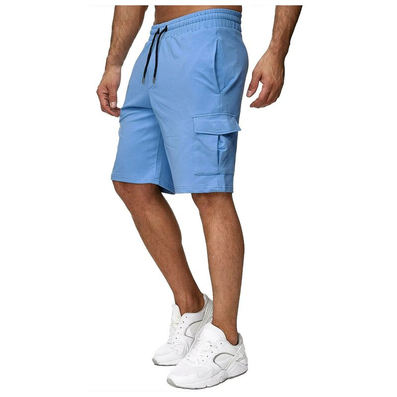 Pantalones cortos de carga para hombre, pantalón corto informal de verano, Color sólido, multibolsillos, cordón