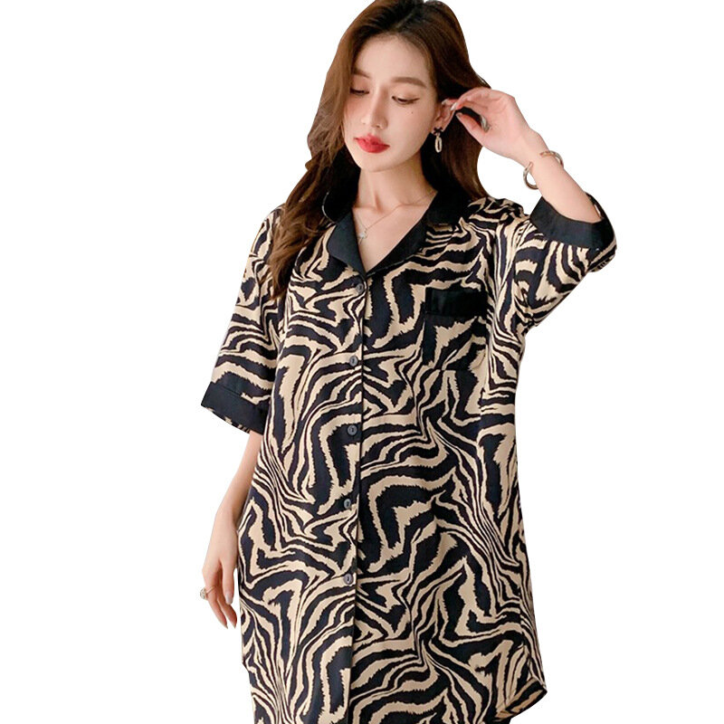 Women Nightgowns Satin Silk Zebra Striped Print Sleepwear Buttons Nightwear Dress Sexy Lingerie Gown Robe Homedress Nightdress