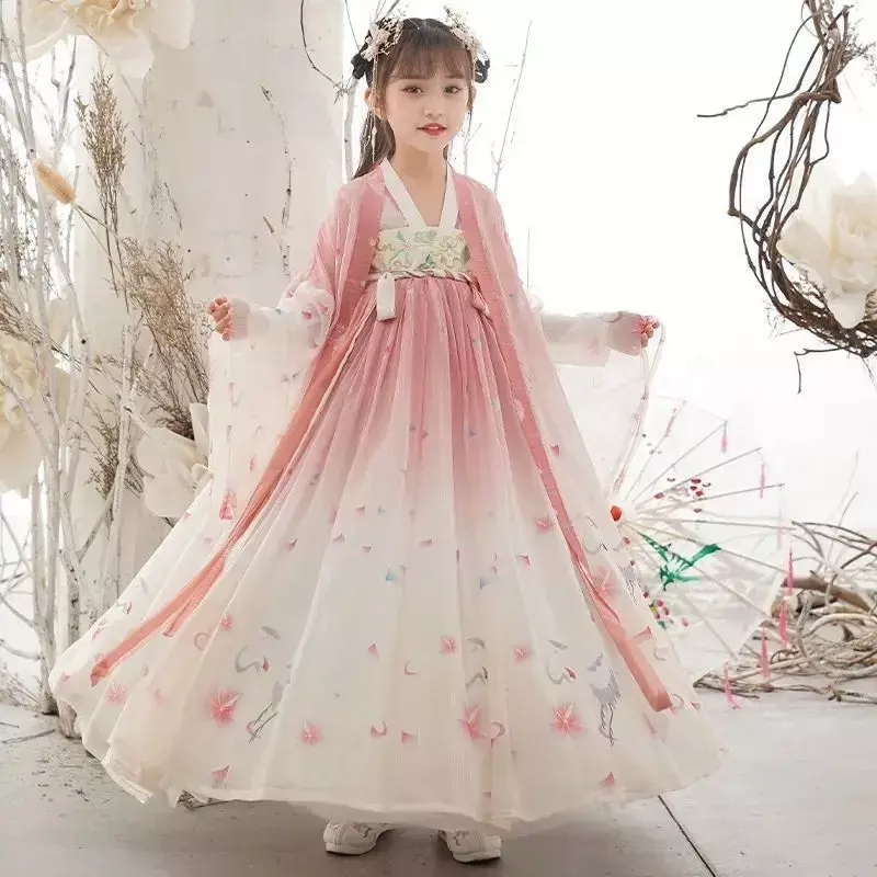 Vestido chinês hanfu para meninas, traje de ano novo, vestido antigo hanfu, carnaval infantil, fada cosplay, vestido rosa para meninas, 2024