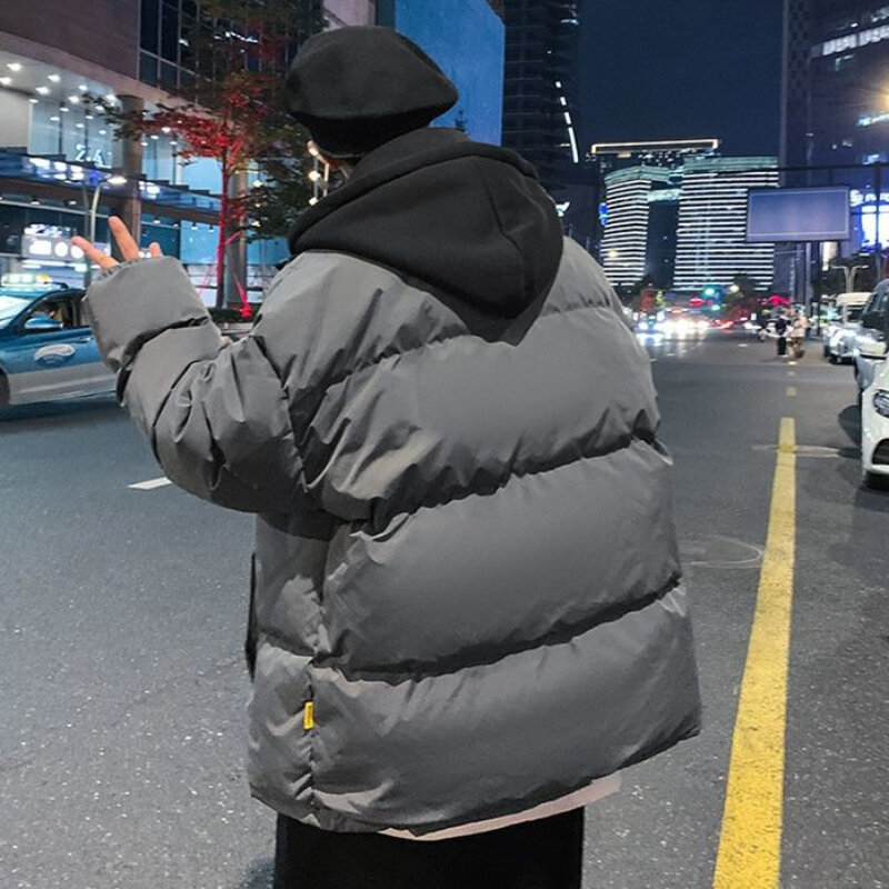 Parki z kapturem mężczyźni jednolite, luźne codzienny koreański styl zimowy ciepły nastolatek minimalistyczny Hipster luźny główna ulica klasyk