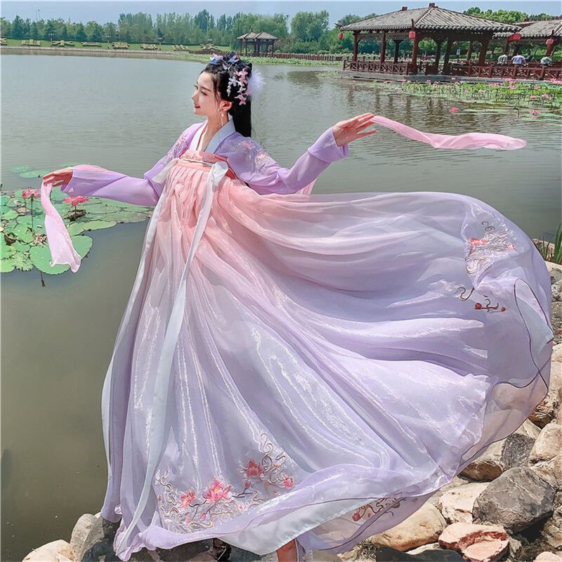 Chiński styl Vintage słodka wróżka Hanfu sukienka kobiety elegancki kwiatowy haft kostiumy księżniczki Cosplay zestawy szlafroków do tańca scenicznego