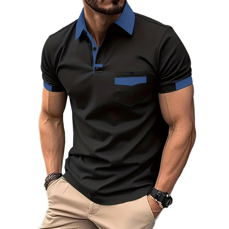 Fashion All-match Short Sleeve Contrast Color Men's T-shirt Summer Business Office Casual Polo-Neck Spliced Tops Male Clothes