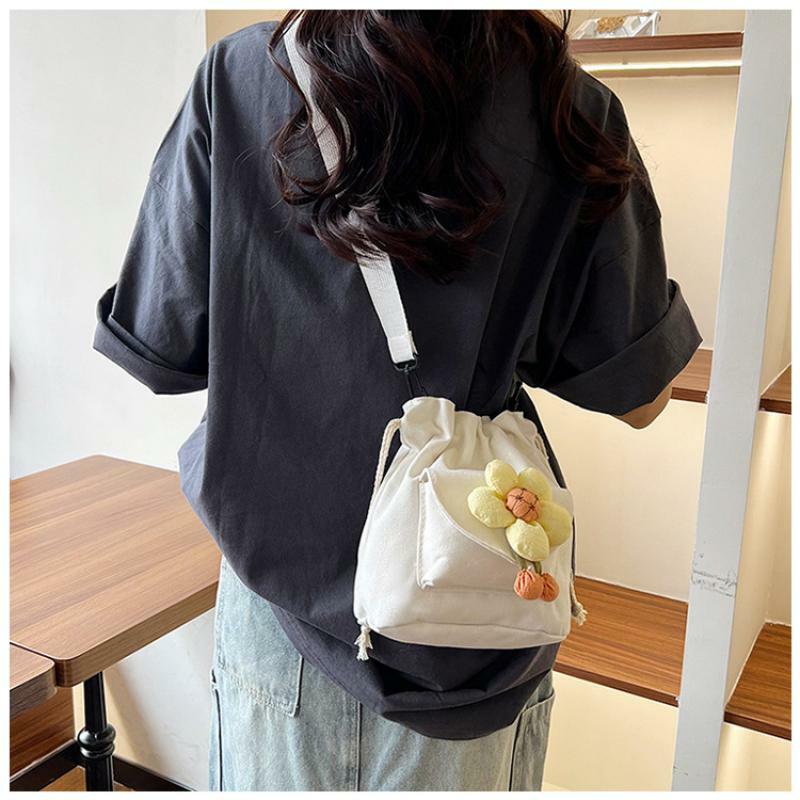 Bolso cruzado de lona con cordón para mujer, bandolera Coreana de hombro con flores, 2024