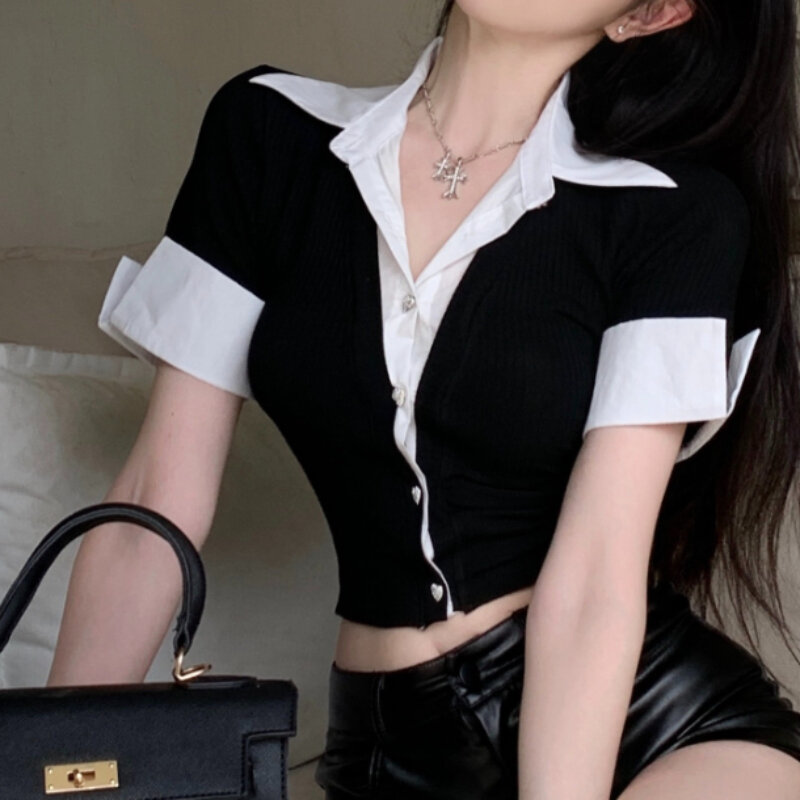 Women Fake Two Pieces Shirt Single Breasted Spicy Girls Slim Daily Students Comfortable Summer All-match Korean Style Harajuku