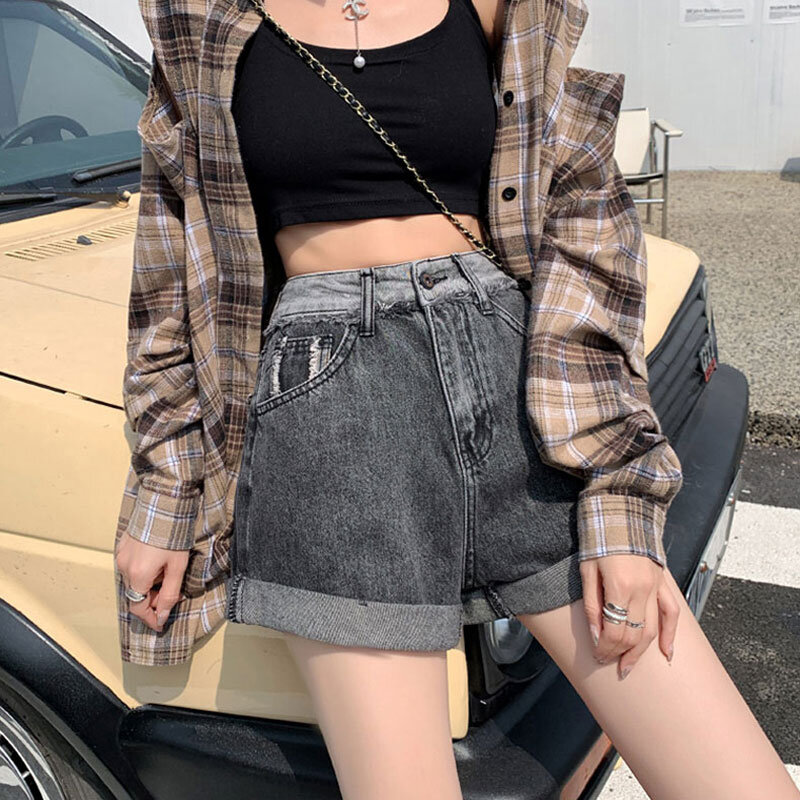 Vintage high-waisted denim shorts female summer 2024 new straight thin a word wide-leg hundreds of rolled hot pants