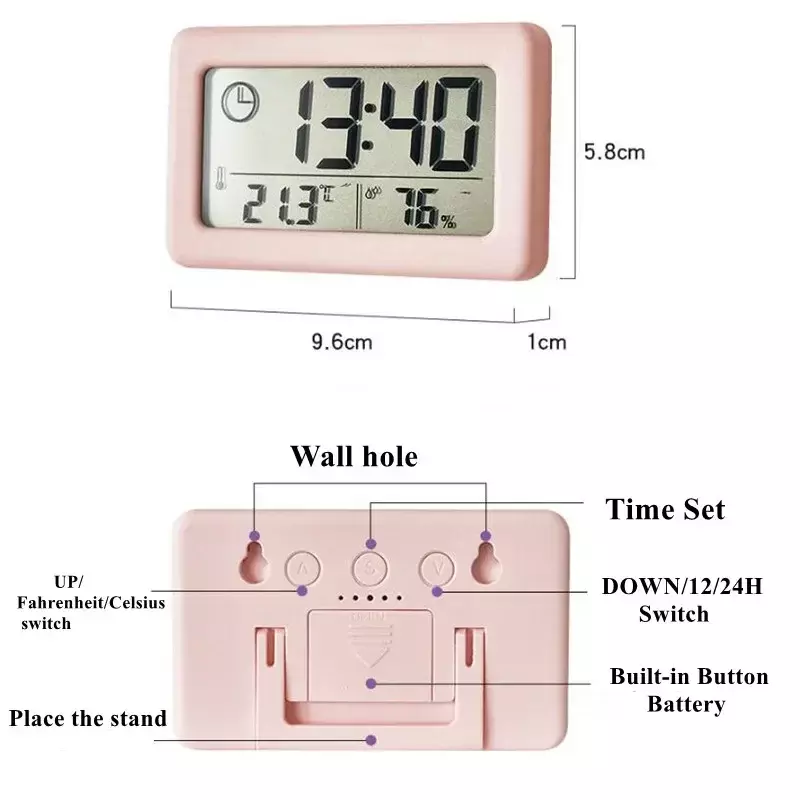 Mini relógio digital com temperatura e umidade, relógio eletrônico portátil, termômetro, higrômetro, alimentado por bateria, 12/24h